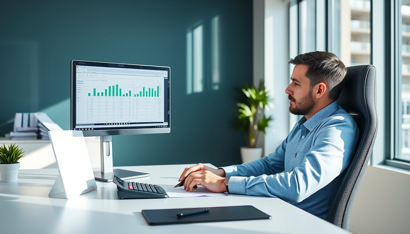 Accountant at a desk with spreadsheets on a monitor and a calculator in a tidy office — accountant resume guide