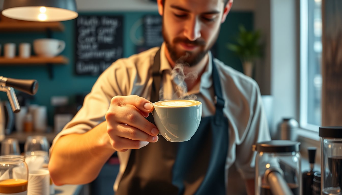 Barista pouring latte art in a bright modern coffee shop — barista resume guide