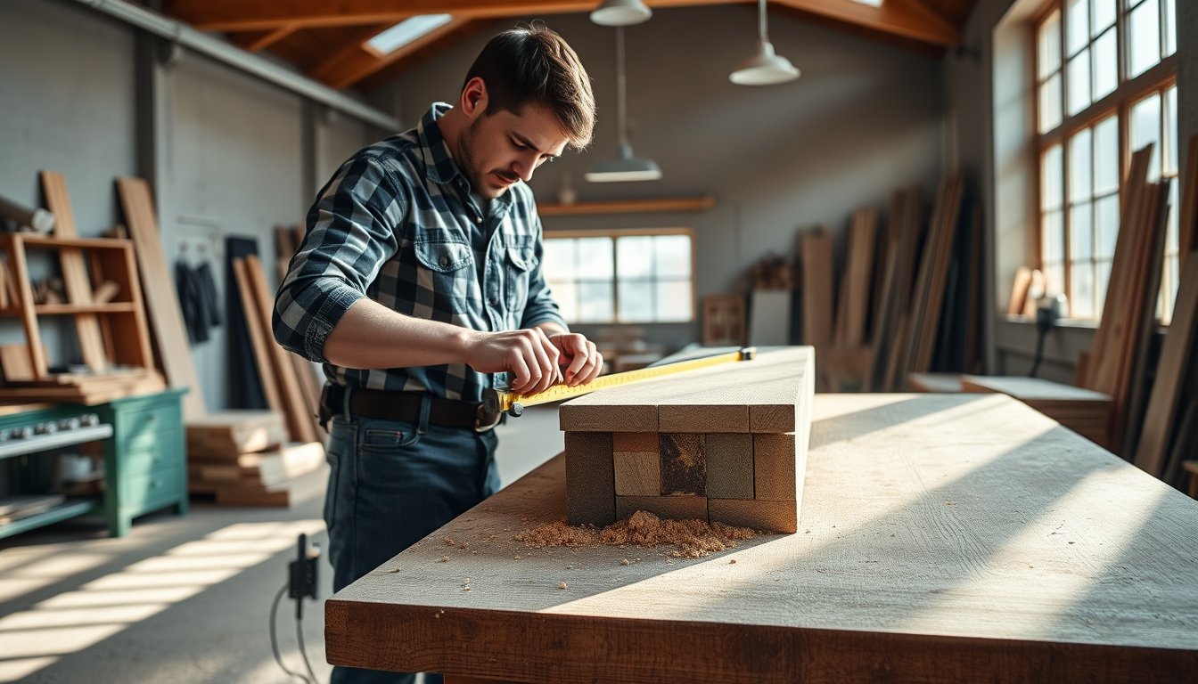 Carpenter measuring timber in a bright workshop with sawdust in sunbeams — carpenter resume guide