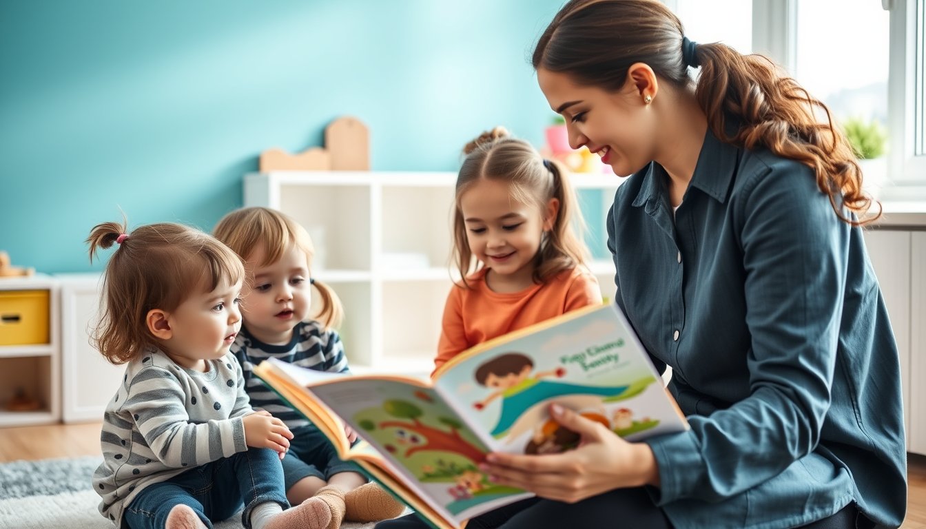 Childcare worker reading a picture book to young children in a bright nursery — childcare resume guide