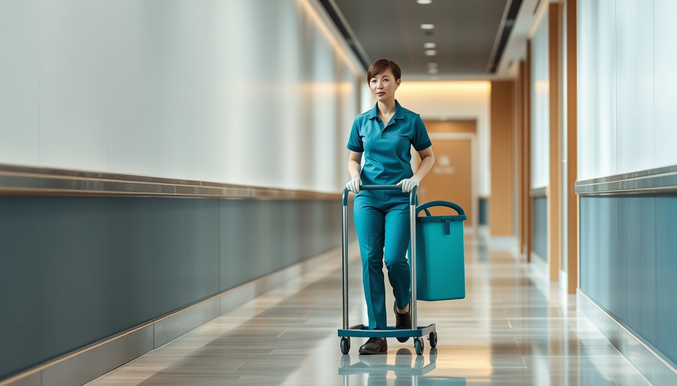 Cleaning professional with a trolley in a bright hotel corridor — cleaner resume guide