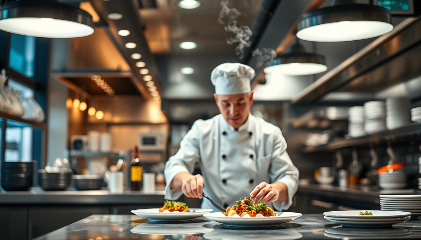 Chef plating a dish in a busy modern restaurant kitchen — cook chef resume guide