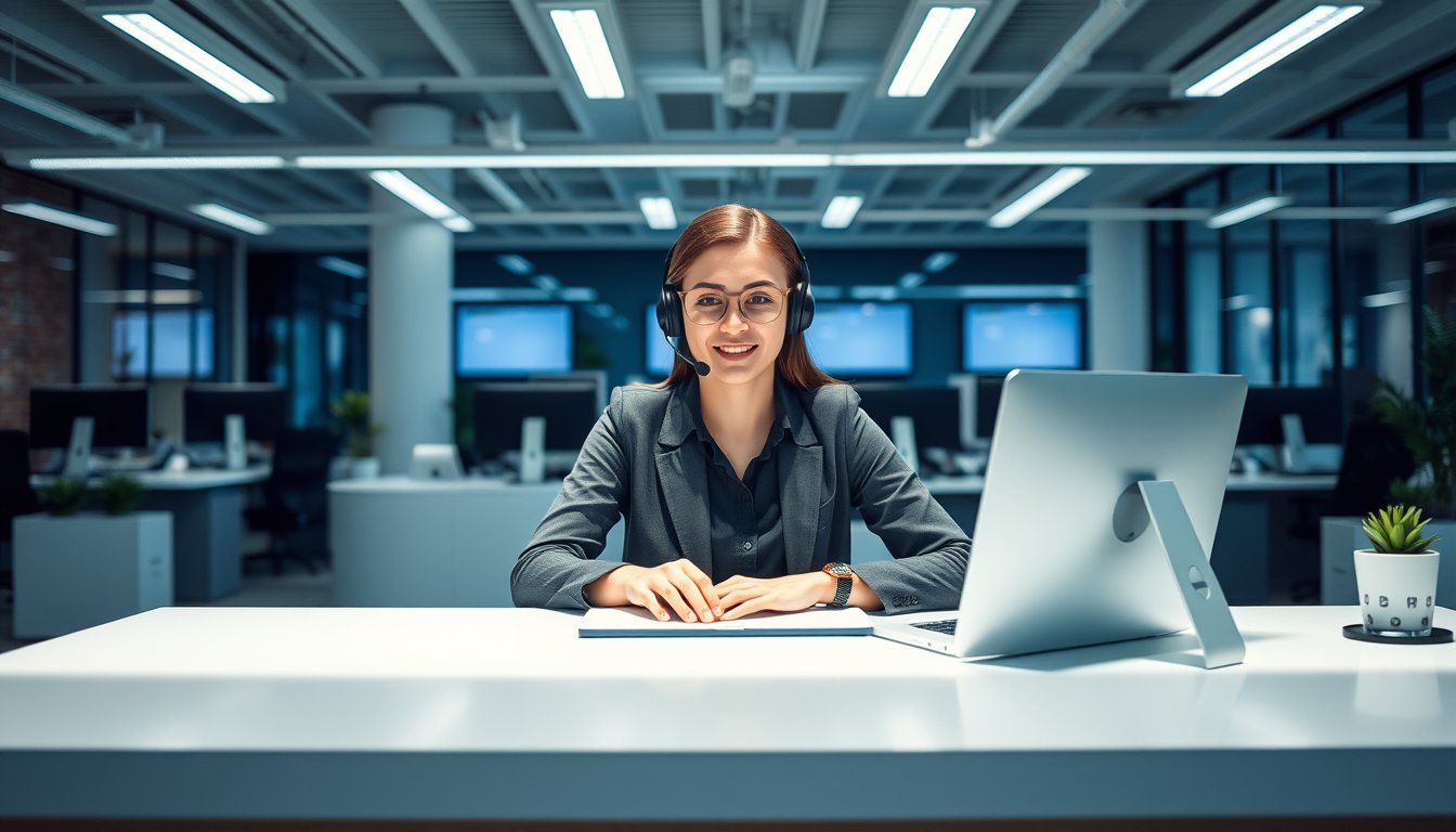 Customer service agent with a headset at a bright modern support desk — customer service resume guide