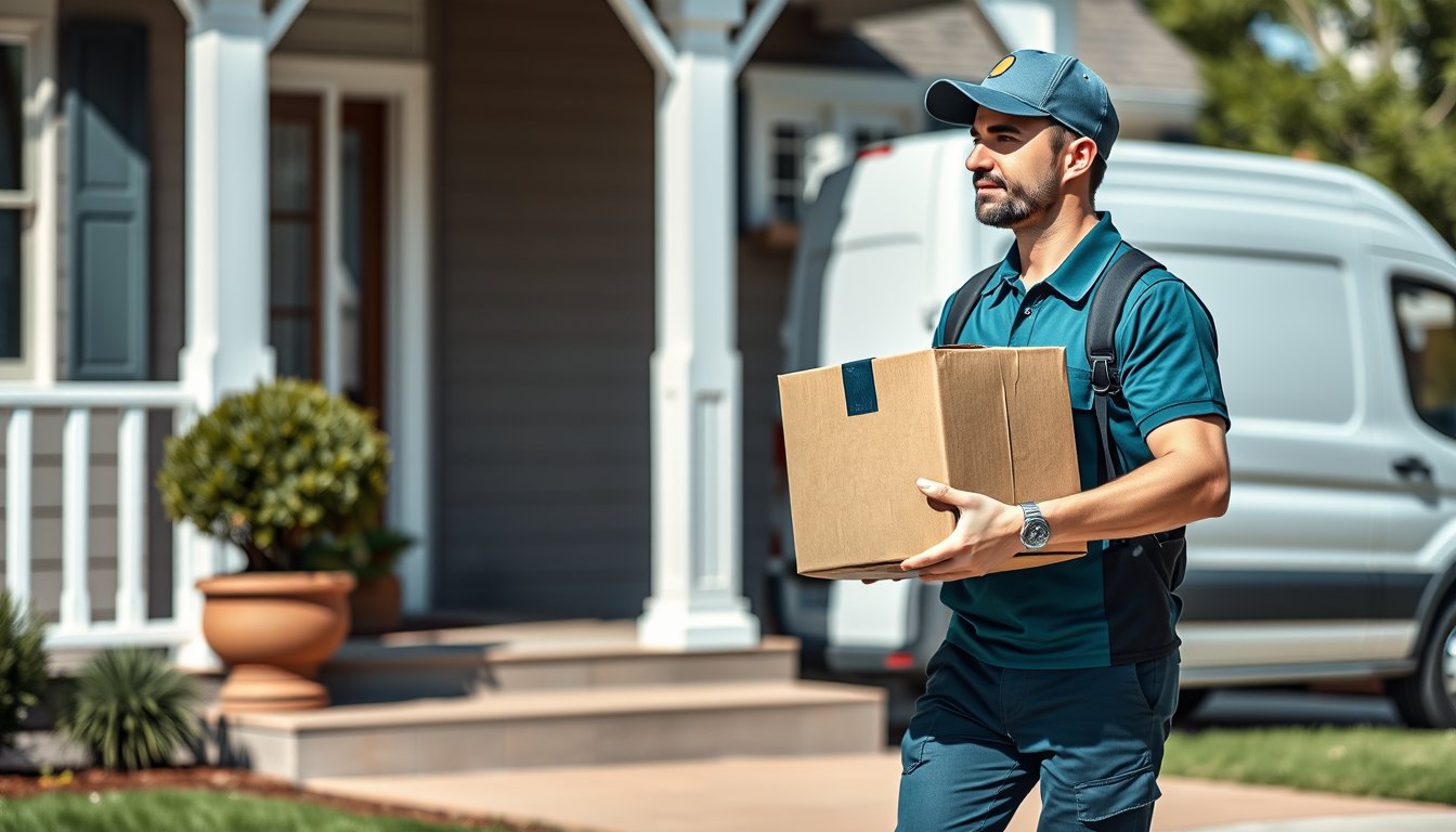 Delivery driver carrying a parcel toward a home porch with a van in the background — delivery driver resume guide