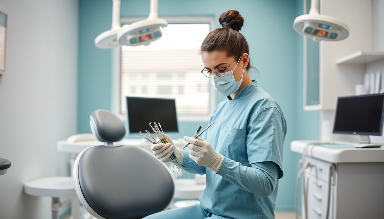 Dental assistant arranging instruments in a bright modern dental clinic — dental assistant resume guide