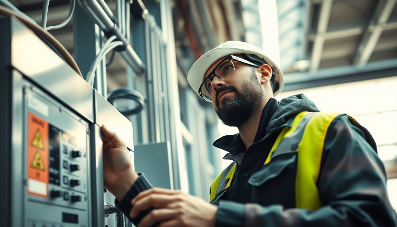 Electrician in safety gear inspecting an electrical panel in a modern building — electrician resume guide