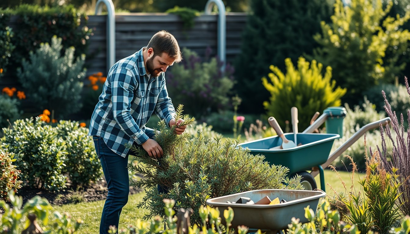 Gardener pruning shrubs in a bright landscaped garden with a wheelbarrow nearby — gardener resume guide
