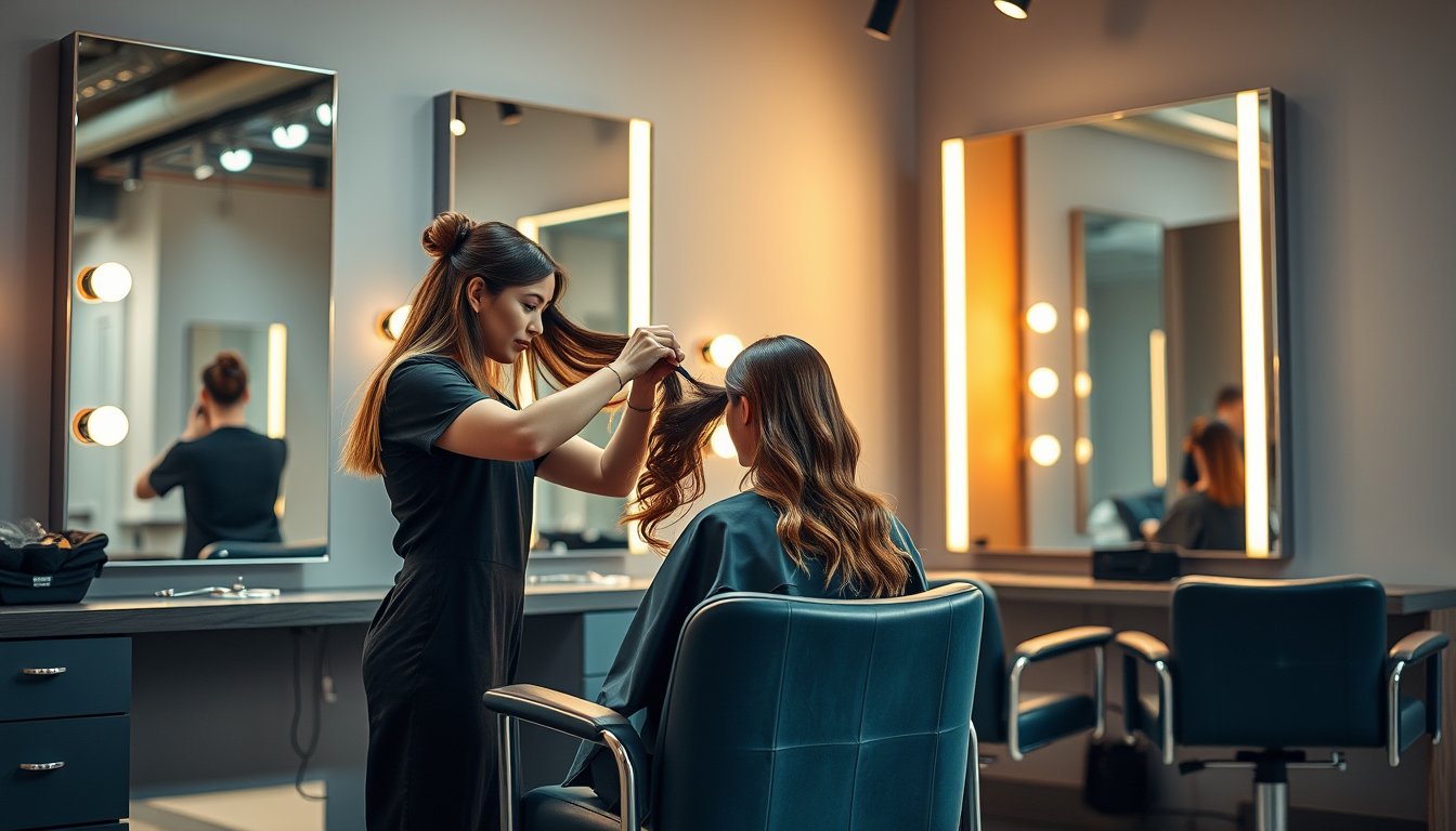 Hairdresser styling hair at a modern salon station with mirrors and warm light — hairdresser resume guide