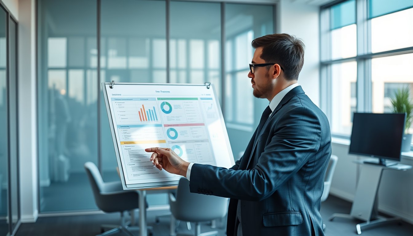 Manager reviewing a team board in a bright modern office meeting room — manager resume guide