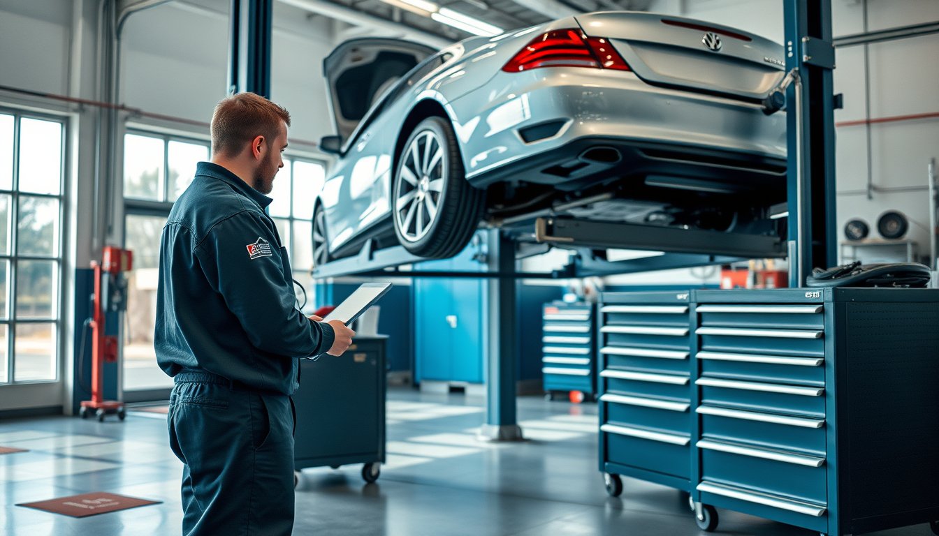 Mechanic working in a clean modern workshop with a car raised on a lift — mechanic resume guide