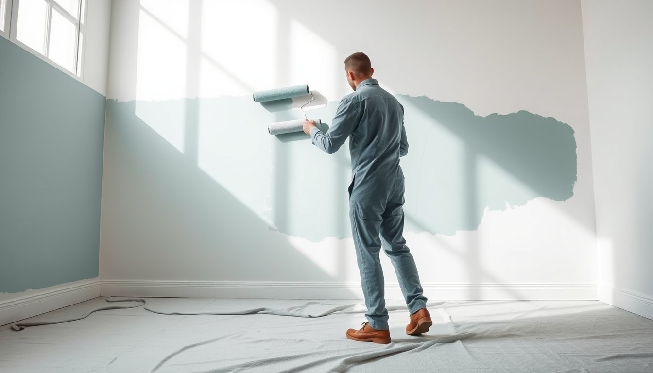 Painter with a roller painting a wall in a bright modern room — painter decorator resume guide