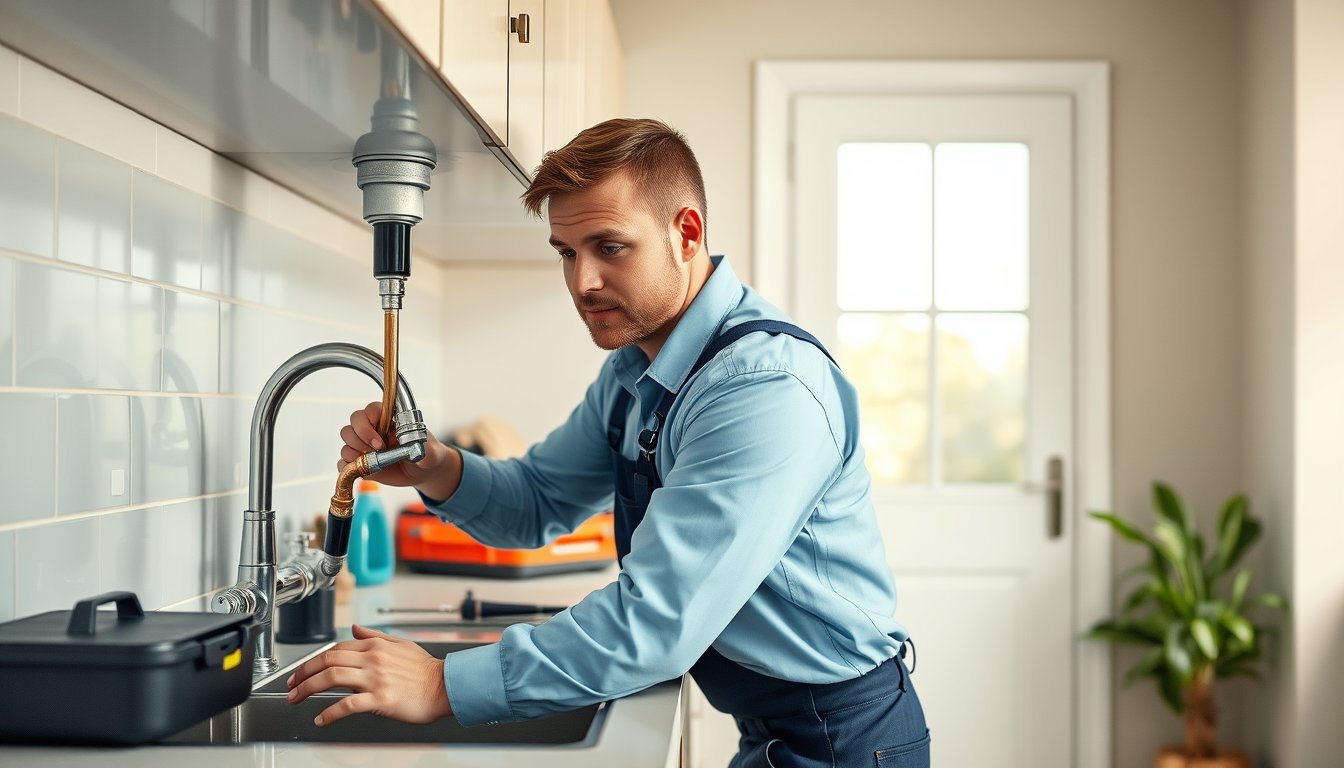 Plumber in a work shirt fitting pipes beneath a modern kitchen sink — plumber resume guide