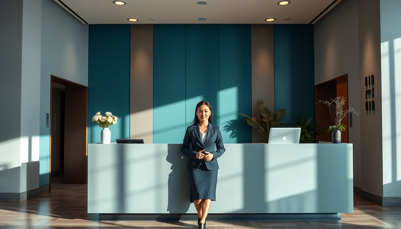 Receptionist at a bright modern hotel lobby front desk — receptionist resume guide