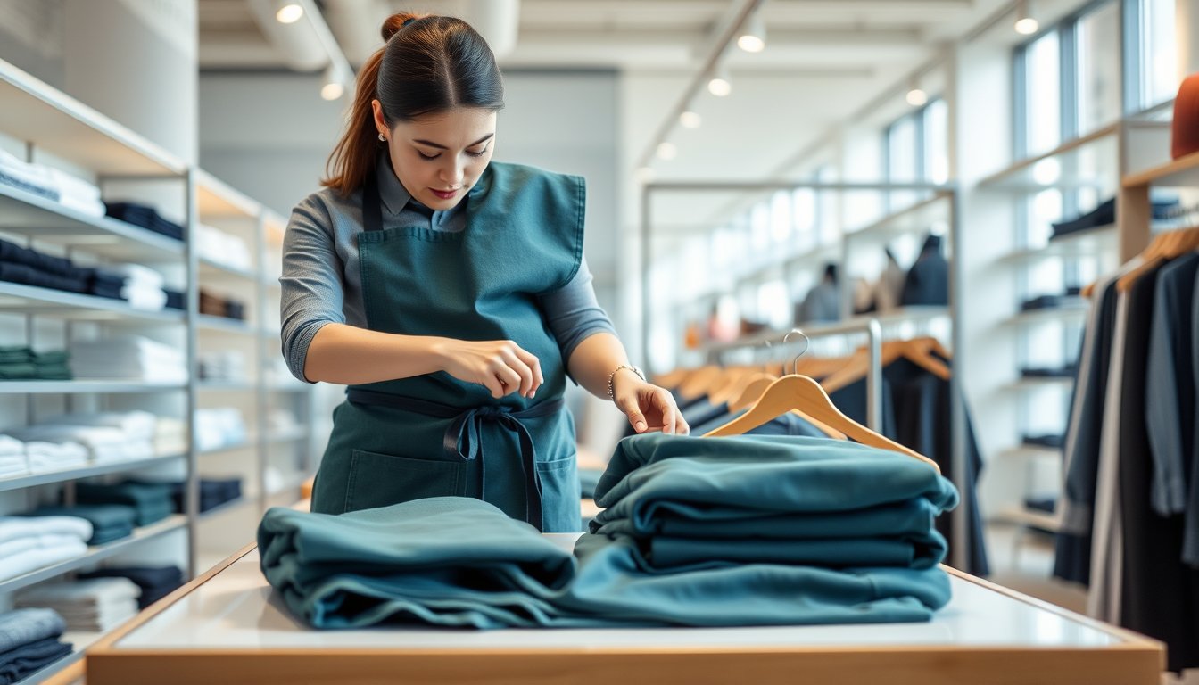 Retail assistant folding clothing on a table in a bright modern store — retail assistant resume guide