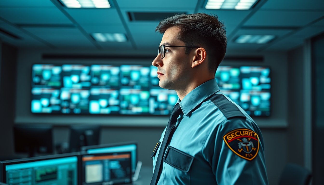 Security guard in uniform monitoring screens in a bright control room — security guard resume guide