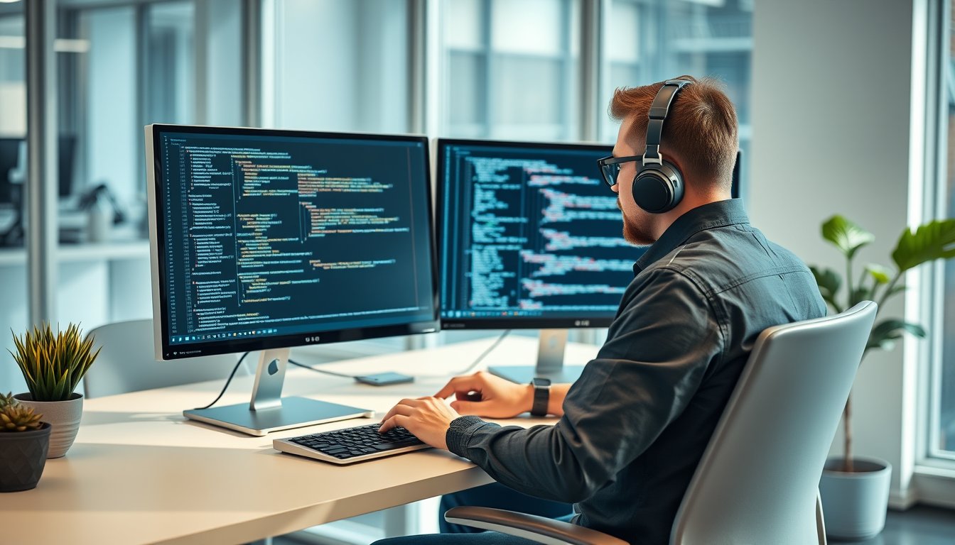 Software engineer coding on dual monitors in a bright modern office — software engineer resume guide
