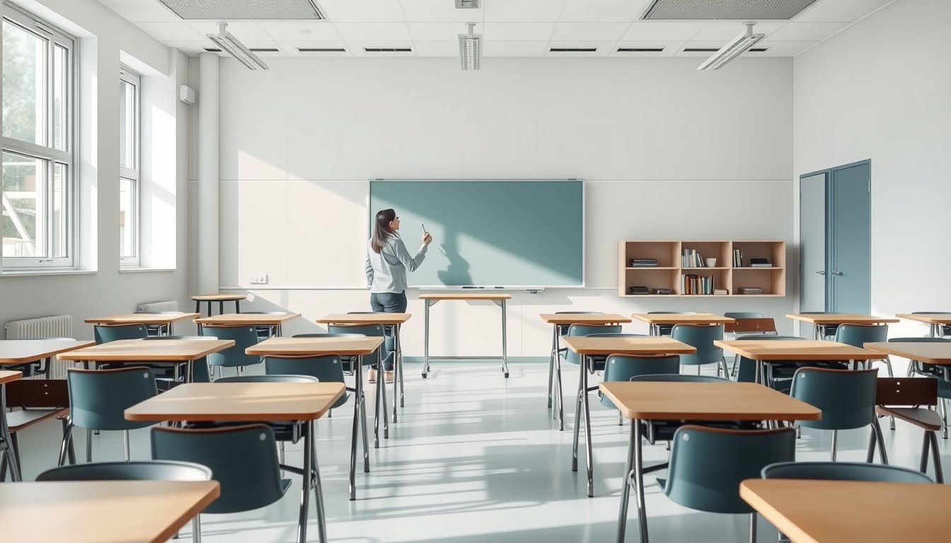 Teacher at a whiteboard in a bright modern classroom with empty desks — teacher resume guide