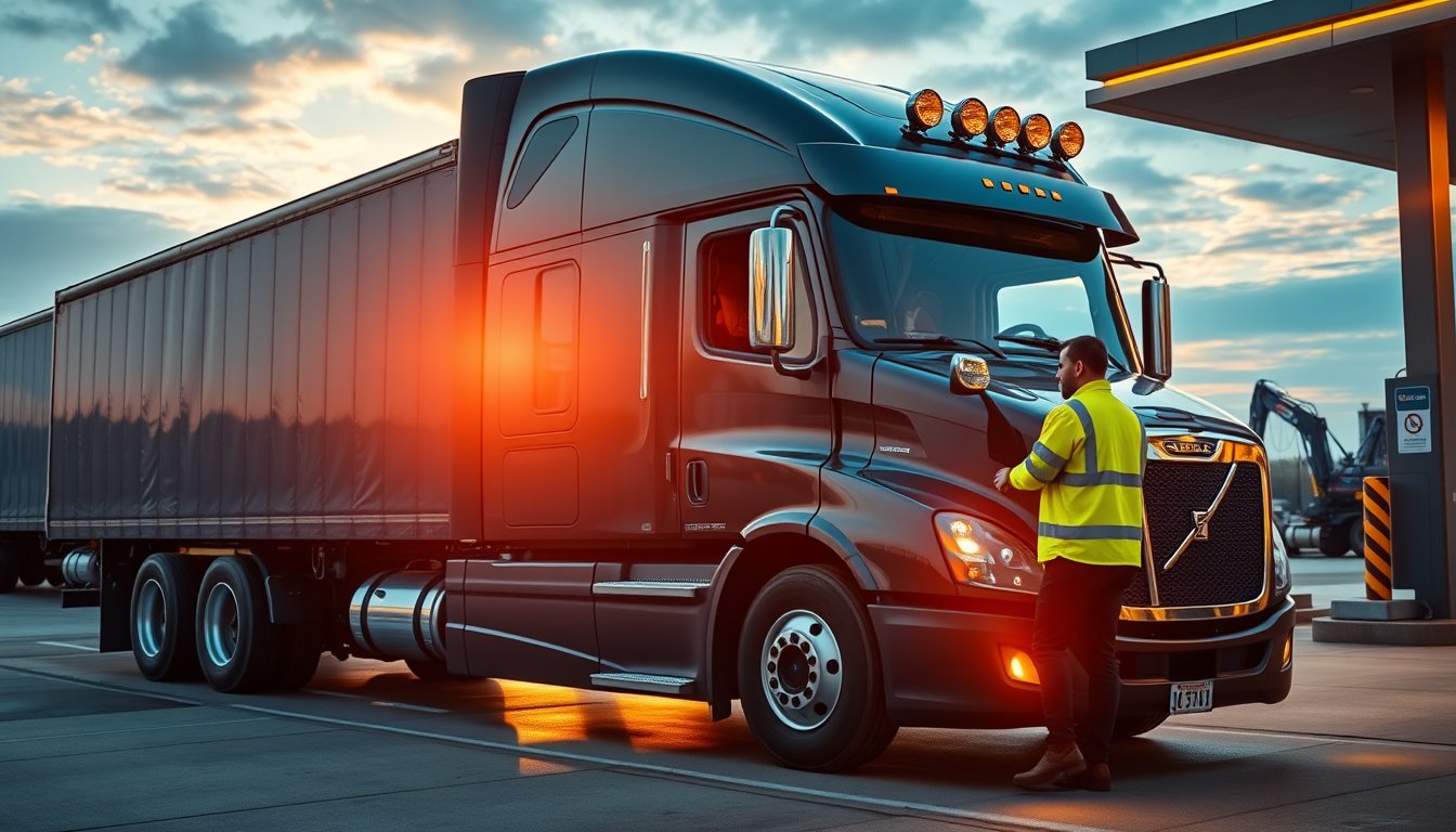 Semi truck parked at a sunrise truck stop, driver beside the cab — truck driver resume guide