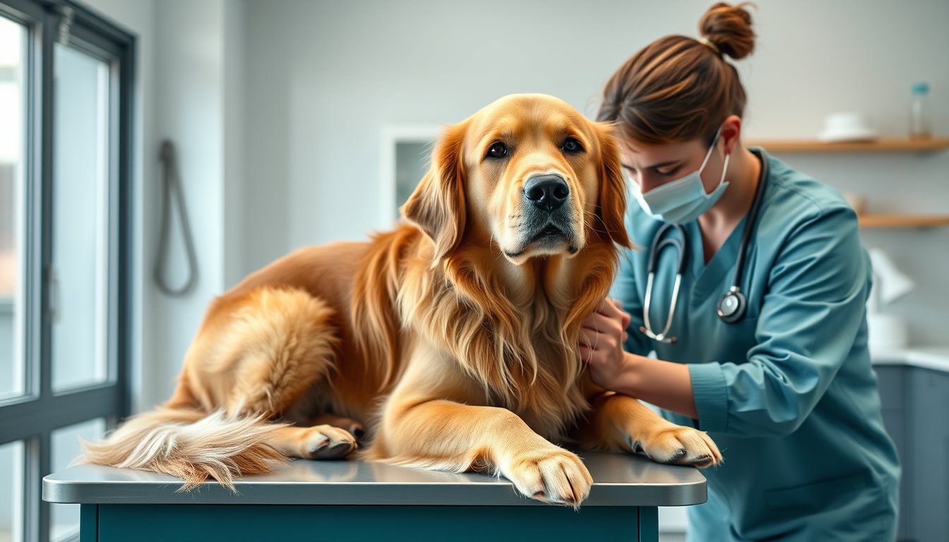 Veterinarian examining a golden retriever in a bright modern clinic — veterinary resume guide