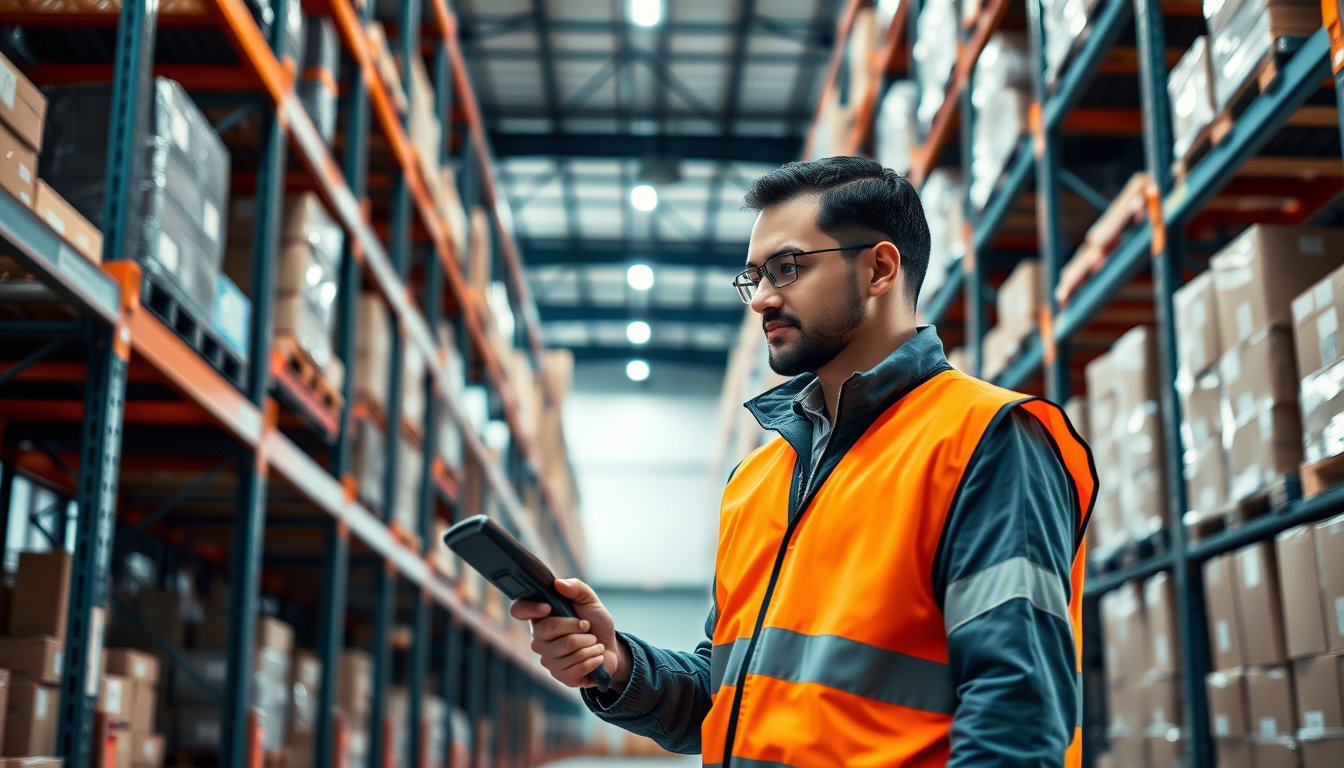 Warehouse worker with a handheld scanner among tall shelves in a bright distribution centre — warehouse worker resume guide