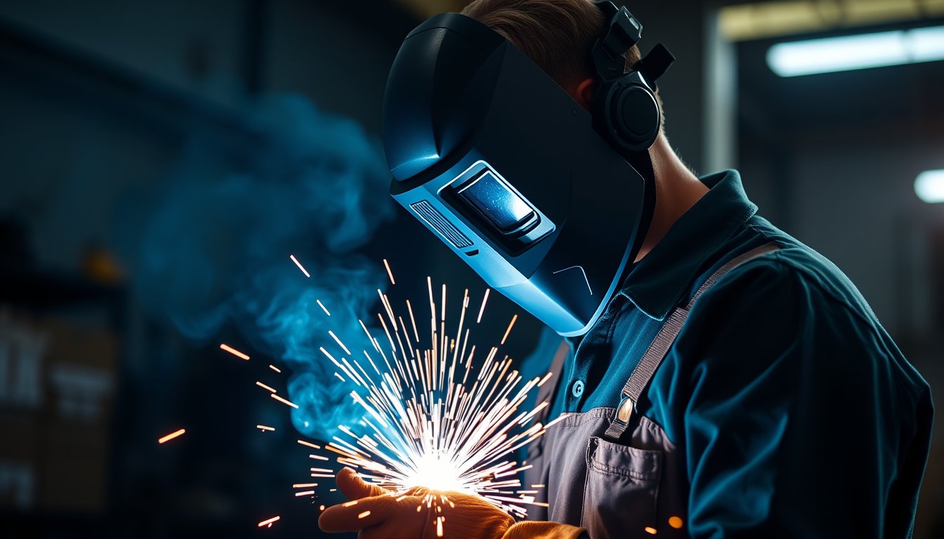 Welder in a protective mask with bright sparks from a welding torch in a workshop — welder resume guide